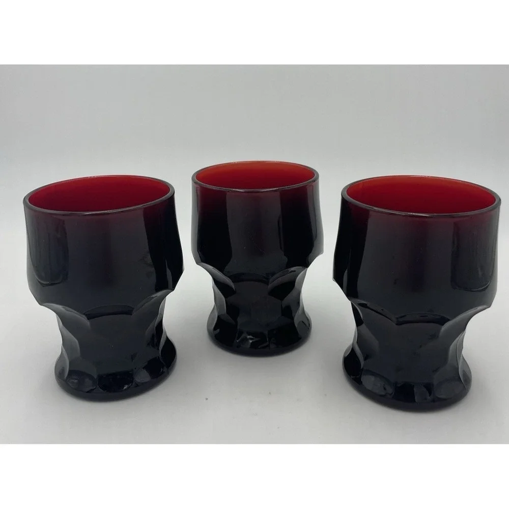 Vtg Set 3 Georgian Dark Ruby Red 8 oz Glass Glasses‎ Cups Drinking 4.25